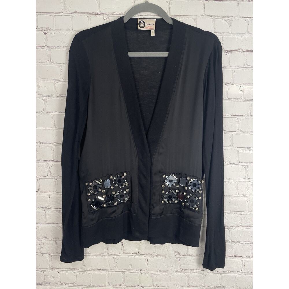 Lanvin Paris Cashmere Silk Glass Black V-Neck Button Up Cardigan Sweater Size M